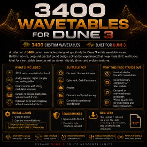 May include: A promotional graphic for 3400 Wavetables for Dune 3. The graphic features text in gold and white on a dark background. It highlights custom wavetables for electronic music production, suitable for various genres, and includes installation instructions.