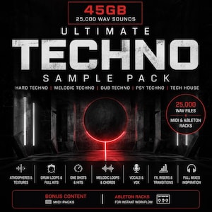 Puede incluir: Gráfico negro que promociona un "ULTIMATE TECHNO SAMPLE PACK" con 45 GB y 25.000 sonidos WAV. Incluye varios subgéneros techno y contenido extra como paquetes MIDI y racks de Ableton.
