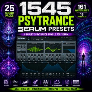 May include: A digital audio software interface for Serum featuring 1545 Psytrance Serum Presets, 25 sound packs, 161 wavetables, and 16 noise files. The graphic includes text labels for basses, leads, arps, plucks, pads, atmospheres, fx, and sequences.