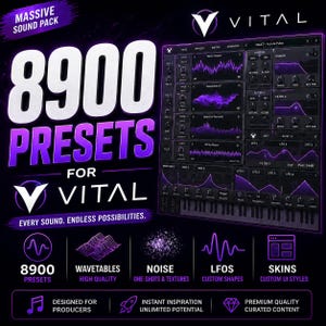 May include: A digital graphic advertisement for a massive sound pack featuring 8900 presets for the Vital synthesizer. The image displays the Vital software interface with purple waveforms, text labels for wavetables, noise, LFOs, and skins.