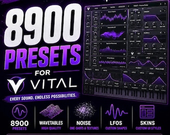 May include: A digital graphic advertisement for a massive sound pack featuring 8900 presets for the Vital synthesizer. The image displays the Vital software interface with purple waveforms, text labels for wavetables, noise, LFOs, and skins.