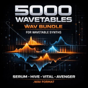 Peut inclure: Visuel numérique avec le texte "5000 WAVETABLES WAV BUNDLE FOR WAVETABLE SYNTHS". L'image présente des visualisations d'ondes sonores orange et bleues. Le bas de l'image indique "SERUM • HIVE • VITAL • AVENGER .WAV FORMAT".