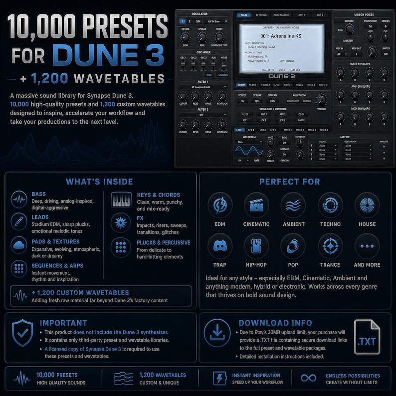 May include: A digital graphic promoting 10,000 presets and 1,200 wavetables for Dune 3. The image includes text, icons, and a screenshot of the Dune 3 interface, highlighting features like EDM, Cinematic, and Ambient sounds.