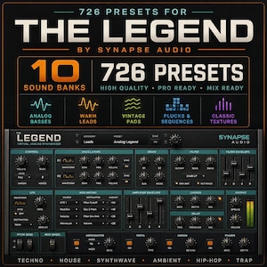 Può includere: Un'interfaccia di workstation audio digitale per "The Legend" di Synapse Audio. L'interfaccia è nera con testo e grafica bianchi e verde acqua. Dispone di 10 banchi di suoni e 726 preset. L'interfaccia include controlli per oscillatori, mixer, filtro e altro.