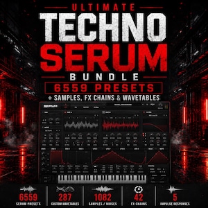 May include: A digital interface for music production, featuring the text "ULTIMATE TECHNO SERUM BUNDLE" in white and red. The interface displays various controls, waveforms, and a keyboard. The image also includes the numbers 6559, 287, 1082, 42, and 5, representing presets, wavetables, samples, FX chains, and impulse responses.