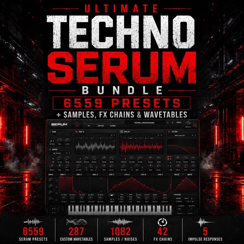 K&ouml;nnte beinhalten: Eine digitale Oberfl&auml;che f&uuml;r die Musikproduktion mit dem Text "ULTIMATE TECHNO SERUM BUNDLE" in Wei&szlig; und Rot. Die Oberfl&auml;che zeigt verschiedene Bedienelemente, Wellenformen und eine Tastatur. Das Bild enth&auml;lt auch die Zahlen 6559, 287, 1082, 42 und 5, die Voreinstellungen, Wavetables, Samples, FX-Ketten und Impulsantworten darstellen.