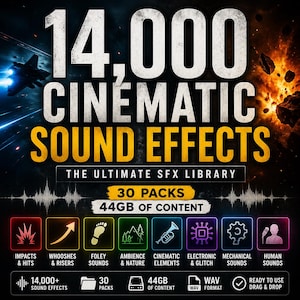 Könnte beinhalten: Werbegrafik für eine Soundeffekt-Bibliothek. Das Bild zeigt den Text "14.000 Cinematic Sound Effects" mit einem Kampfflugzeug und Explosionen im Hintergrund. Es enthält Symbole für verschiedene Soundkategorien und die Angaben "30 Packs" und "44GB of Content."
