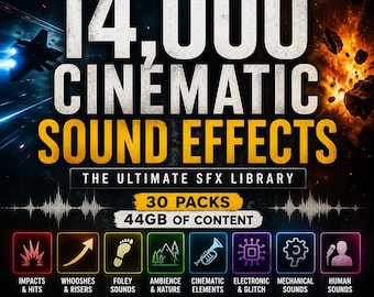 Pakket geluidseffecten: 14.000 SFX voor video, film en YouTube (44 GB bibliotheek, 30 pakketten)
