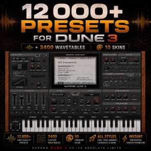 Puede incluir: Interfaz de sintetizador digital con marco de madera, con teclado, numerosos botones, controles deslizantes y una pantalla central. La pantalla muestra "001: Adrenaline KS". El texto en la parte superior dice "12000+ PRESETS FOR DUNE 3". El texto adicional incluye "+ 3400 WAVETABLES" y "10 SKINS."