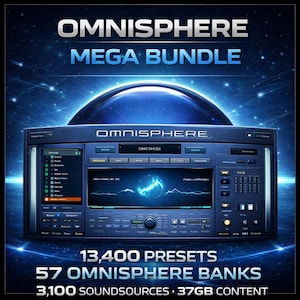 May include: A digital interface with the text "OMNISPHERE MEGA BUNDLE" in white and blue. The interface displays a variety of controls and a waveform display. The image also includes the text "13,400 PRESETS, 57 OMNISPHERE BANKS, 3,100 SOUNDSOURCES • 37GB CONTENT."