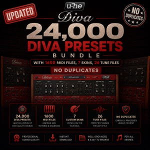 May include: A promotional image for a Diva Presets Bundle, featuring a red and black design. The image highlights 24,000 Diva presets, 1600 MIDI files, 7 custom skins, and 26 tune files. The text includes "No Duplicates" and "Updated".