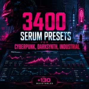 May include: A digital graphic featuring 3400 Serum Presets for Cyberpunk, Darksynth, Industrial with +130 Wavetables. The image displays a dark, neon-lit cityscape with a futuristic figure and a detailed software interface showing audio waveforms.
