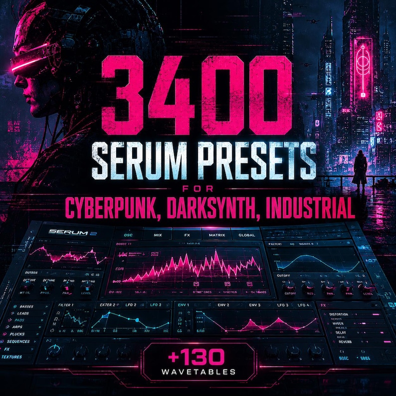May include: A digital graphic featuring 3400 Serum Presets for Cyberpunk, Darksynth, Industrial with +130 Wavetables. The image displays a dark, neon-lit cityscape with a futuristic figure and a detailed software interface showing audio waveforms.