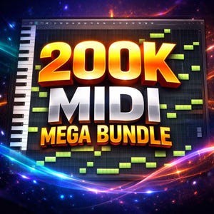 Puede incluir: Gráfico digital que promociona un "200K MIDI MEGA BUNDLE". La imagen presenta un teclado, notación musical y colores vibrantes, incluyendo naranja, plata y azul. El texto es en negrita y 3D.