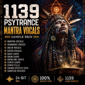 Puede incluir: Una portada de paquete de muestras de audio titulada 1139 PSYTRANCE MANTRA VOCALS. Muestra a una persona con rastas, pintura facial y plumas, cantando en un micrófono. El texto enumera contenidos como voces mantra, chamánicas y gated.