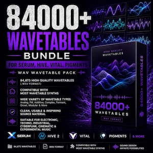 Puede incluir: Anuncio de un paquete de wavetables. La imagen presenta un fondo oscuro con el texto "84000+ WAVETABLES BUNDLE" en blanco y morado. El paquete incluye 84.873 wavetables de alta calidad en formato WAV, compatibles con la mayoría de los sintetizadores.
