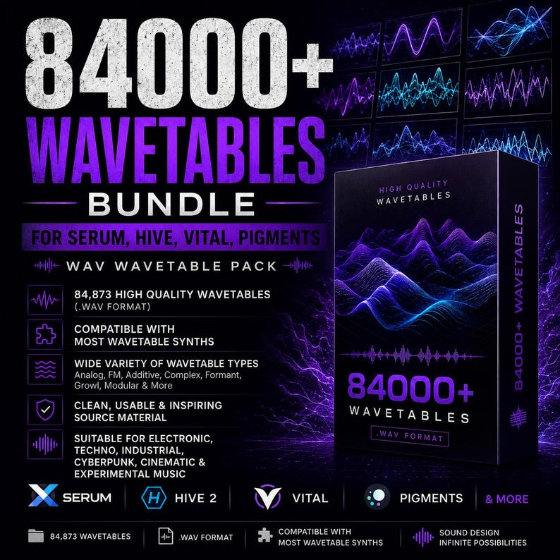 May include: A digital product advertisement for a wavetable bundle. The image features a dark background with the text "84000+ WAVETABLES BUNDLE" in white and purple. The bundle includes 84,873 high-quality wavetables in WAV format, compatible with most synths.