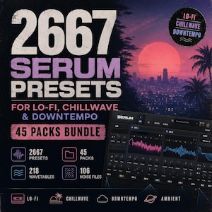 May include: A promotional image for a sound pack bundle. The image features the text "2667 Serum Presets" and "45 Packs Bundle". The background shows a cityscape with a sunset and palm trees. The image also includes a digital audio workstation interface.