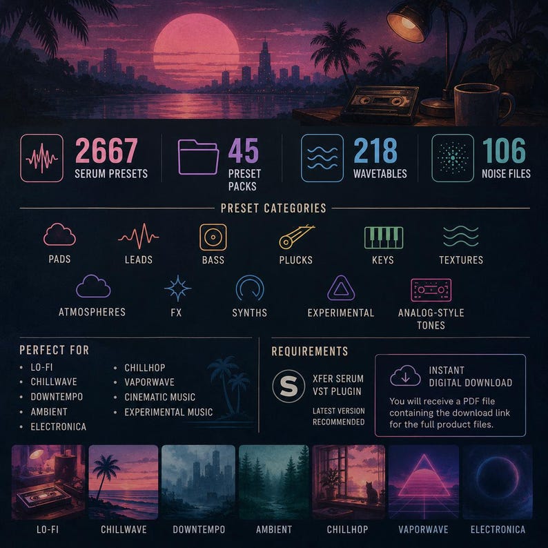 May include: Digital music production pack with 2667 serum presets, 45 preset packs, 218 wavetables, and 106 noise files. Features categories like Pads, Leads, Bass, and FX. Includes instant digital download. Perfect for Lo-Fi, Chillwave, and Electronica.
