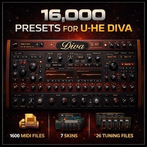 Puede incluir: Una interfaz de estación de trabajo de audio digital con el texto "16.000 Presets para U-HE Diva". La interfaz es de color marrón oscuro con numerosas perillas, botones y pantallas. Debajo hay iconos para 1600 archivos MIDI, 7 máscaras y 26 archivos de ajuste.