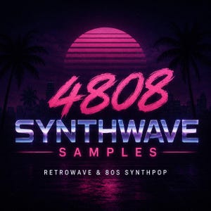 May include: A digital graphic featuring the text 4808 SYNTHWAVE SAMPLES RETROWAVE & 80S SYNTHPOP in pink and metallic blue lettering. The background displays a large pink sun, silhouettes of palm trees, and a dark city skyline at night.
