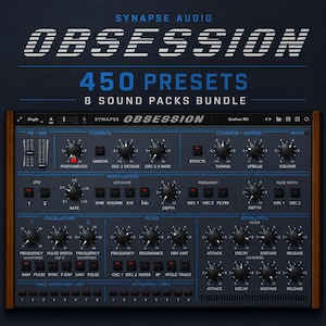 May include: A digital audio workstation (DAW) interface with the text "OBSESSION" and "450 PRESETS 8 SOUND PACKS BUNDLE". The interface has numerous knobs, sliders, and buttons for sound manipulation, with a dark blue and brown color scheme.