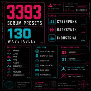 May include: A digital graphic interface with a black background featuring neon pink and cyan text. It displays 3393 Serum Presets and 130 Wavetables, with sections for genres like Cyberpunk, Darksynth, and Industrial, plus lists of included sounds and compatibility information.