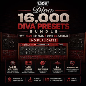 May include: A promotional image for a digital audio software bundle. The image features the text "Diva 16,000 Presets Bundle" in large, bold letters. The image also includes graphics of a synthesizer and details about the bundle's contents.