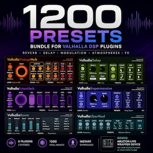 Puede incluir: Un gráfico digital que promociona 1200 presets para los plugins Valhalla DSP. La imagen presenta varias interfaces de plugins con texto púrpura y blanco, incluyendo efectos de reverberación, retardo y modulación. El texto "1200 Presets" se muestra de forma destacada.