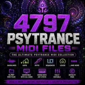 May include: A digital graphic featuring the text 4797 PSYTRANCE MIDI FILES. The design includes icons for basslines, arps, riffs, sequences, leads, and more. It lists features like compatible with all DAWs, works with any synth, and royalty free.