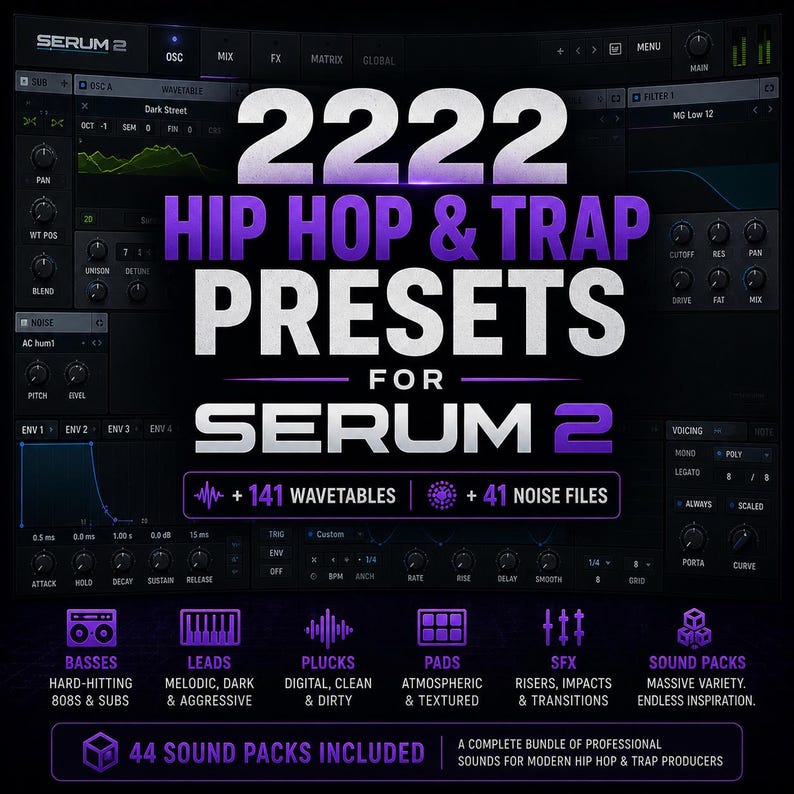 May include: A promotional graphic for Serum 2 software, featuring a dark background with white and purple text. The text highlights 2222 Hip Hop & Trap Presets, 141 wavetables, and 41 noise files. Additional text describes sound packs and included sound types.