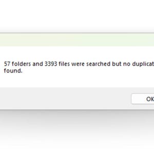 May include: A rectangular software notification window titled AllDup with a blue circular information icon. The text reads: 57 folders and 3393 files were searched but no duplicates found. A white button labeled OK is positioned at the bottom right.