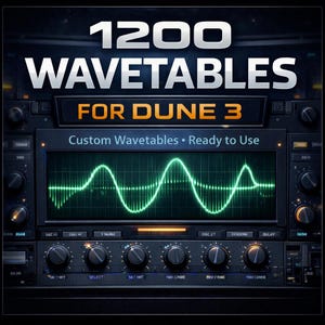 Puede incluir: Interfaz de audio digital con el texto "1200 WAVETABLES FOR DUNE 3". La interfaz tiene múltiples perillas, botones y una pantalla que muestra una forma de onda verde. También es visible el texto "Custom Wavetables • Ready to Use".
