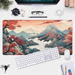 Japanese Mountain Landscape Desk Mat - Colorful Gamer Pad and Mouse Pad