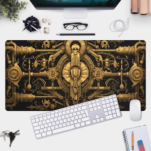 May include: A black and gold desk mat with a detailed design of a skull and gears. The design is intricate and features a lot of detail. The mat is perfect for adding a touch of steampunk style to your workspace.