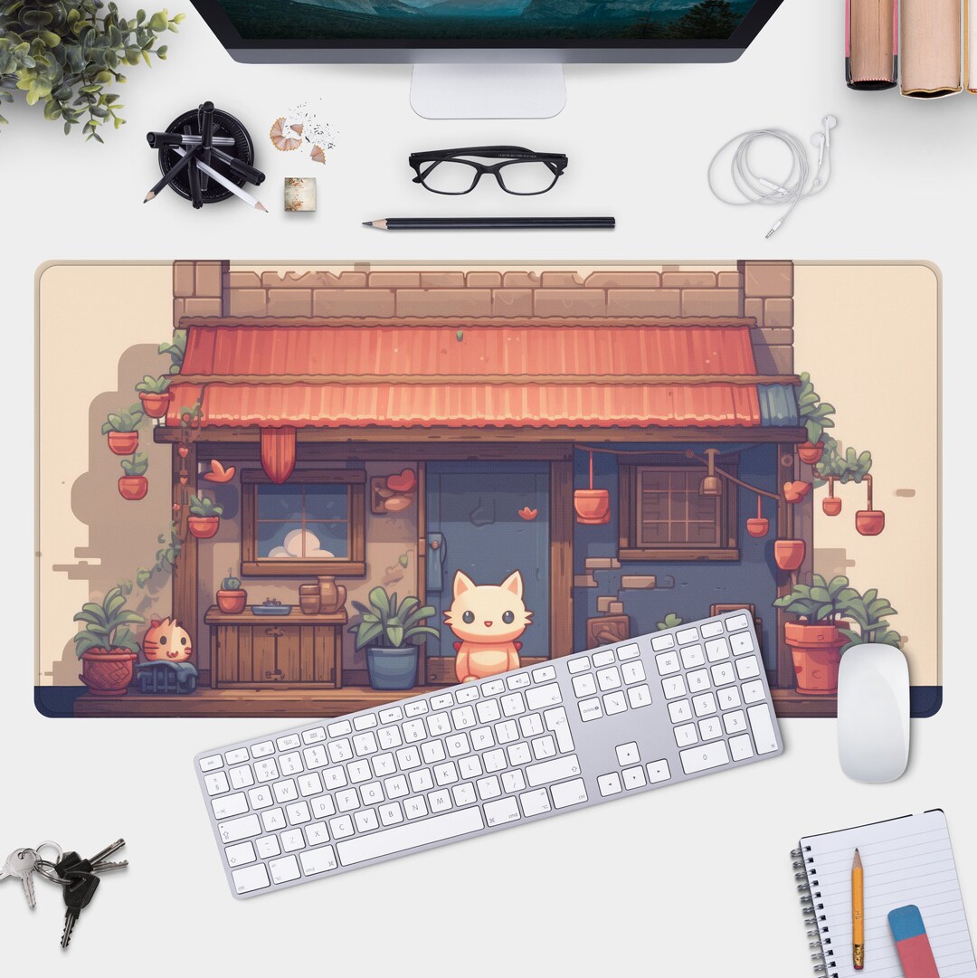 Kawaii Cat Pixel Art Desk Mat Japanese Aesthetic Desk Decor, Cute Anime