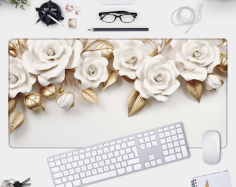 White Roses Large Mouse Pad - Minimalistic Designer Desk Mat - Gold Leaves and Aesthetic Detailing