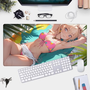 Anime Girl Gamer Pad - Large Desk Mat for Gaming - Blonde Anime on Beach - NSFW