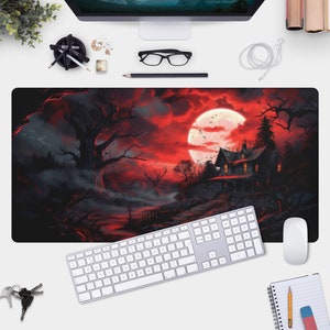 Dark Gothic Haunted House Desk Mat - Mouse Pad for Gamers, Spooky Home Office Decor