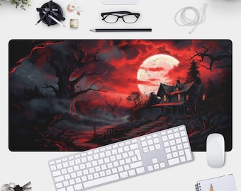 Dark Gothic Haunted House Desk Mat - Mouse Pad for Gamers, Spooky Home Office Decor
