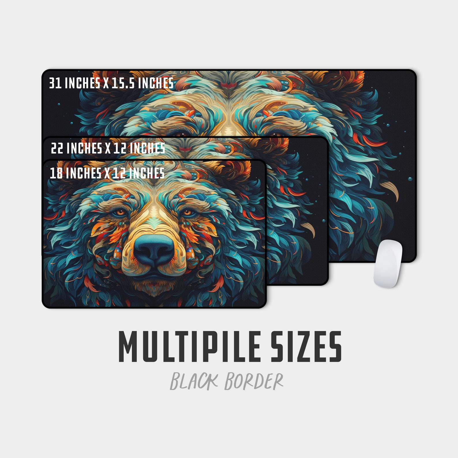 Vibrant Grizzly Bear Desk Mat, Colorful Gaming Mouse Pad, Mythical ...