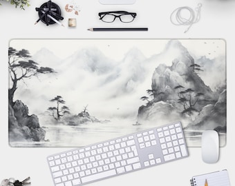 Inked Japanese Landscape Desk Mat - Minimalist Gaming Pad and Mouse Pad
