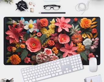 紙の花のデザインが施されたデスクマット - ゲーマーやアーティストのためのカラフルな花のアート
