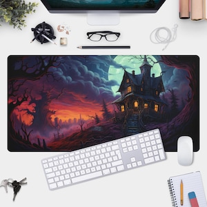 Scary Mansion Desk Mat - Haunted Gothic Mousepad for Macabre Office Decor