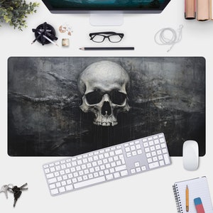 Skull Desk Mat with Macabre Art, Dark Fantasy Mousepad for Gothic Home Office