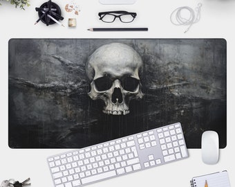 Skull Desk Mat with Macabre Art, Dark Fantasy Mousepad for Gothic Home Office