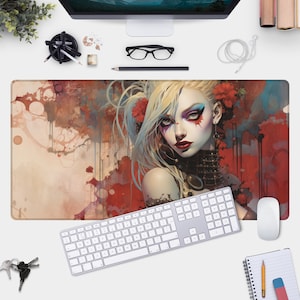 May include: A colorful abstract art design with a woman's face in the center. The woman has blue and red makeup on her eyes and lips. She is wearing a black choker necklace and has a flower behind her ear. The background is a mix of red, orange, and yellow colors.