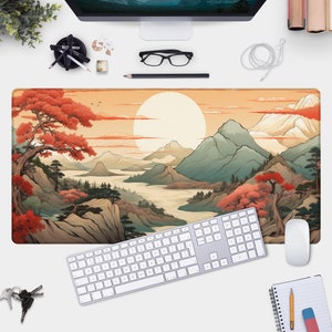 Japanese Mountain Desk Mat - Gamer Pad and Mouse Pad with Stunning Landscape Line Drawing