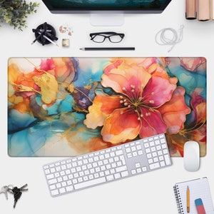 Tropical Floral Gaming Mouse Pad | Aesthetic Hawaii Sunset Desk Mat | Alcohol Ink XL Art