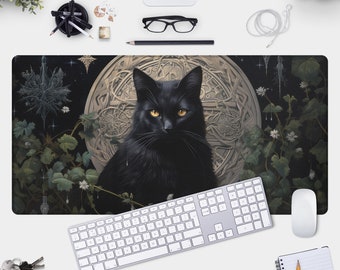 Dark Academia Desk, Black Cat Mousepad, Witchy Cat Mat, Gothic Cat Deskmat, Dark Cottagecore, Cat Lovers Gift